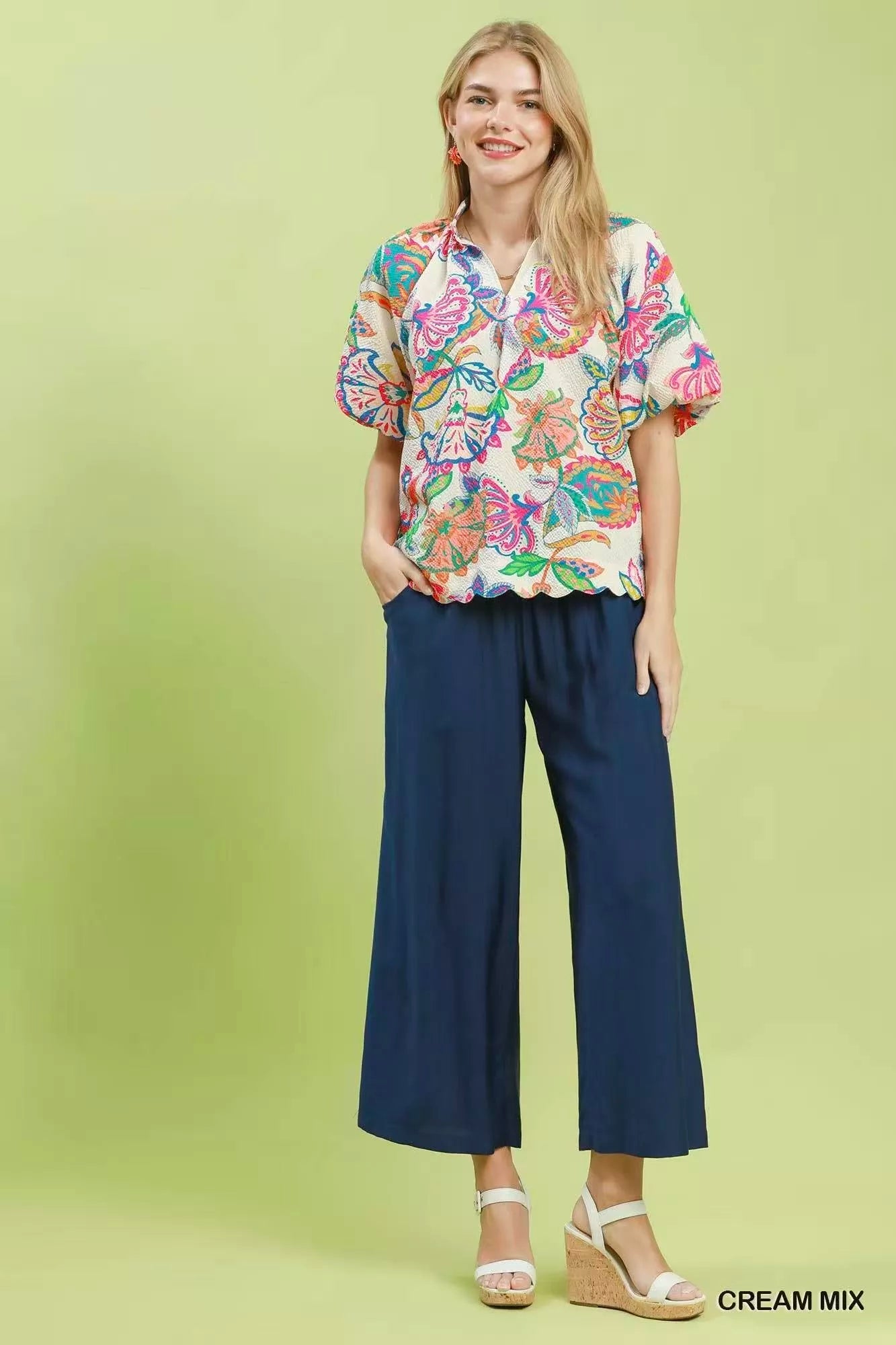 Umgee Mix Floral Print Scallop Hem Blouse - Bitsy Gypsy Boutique