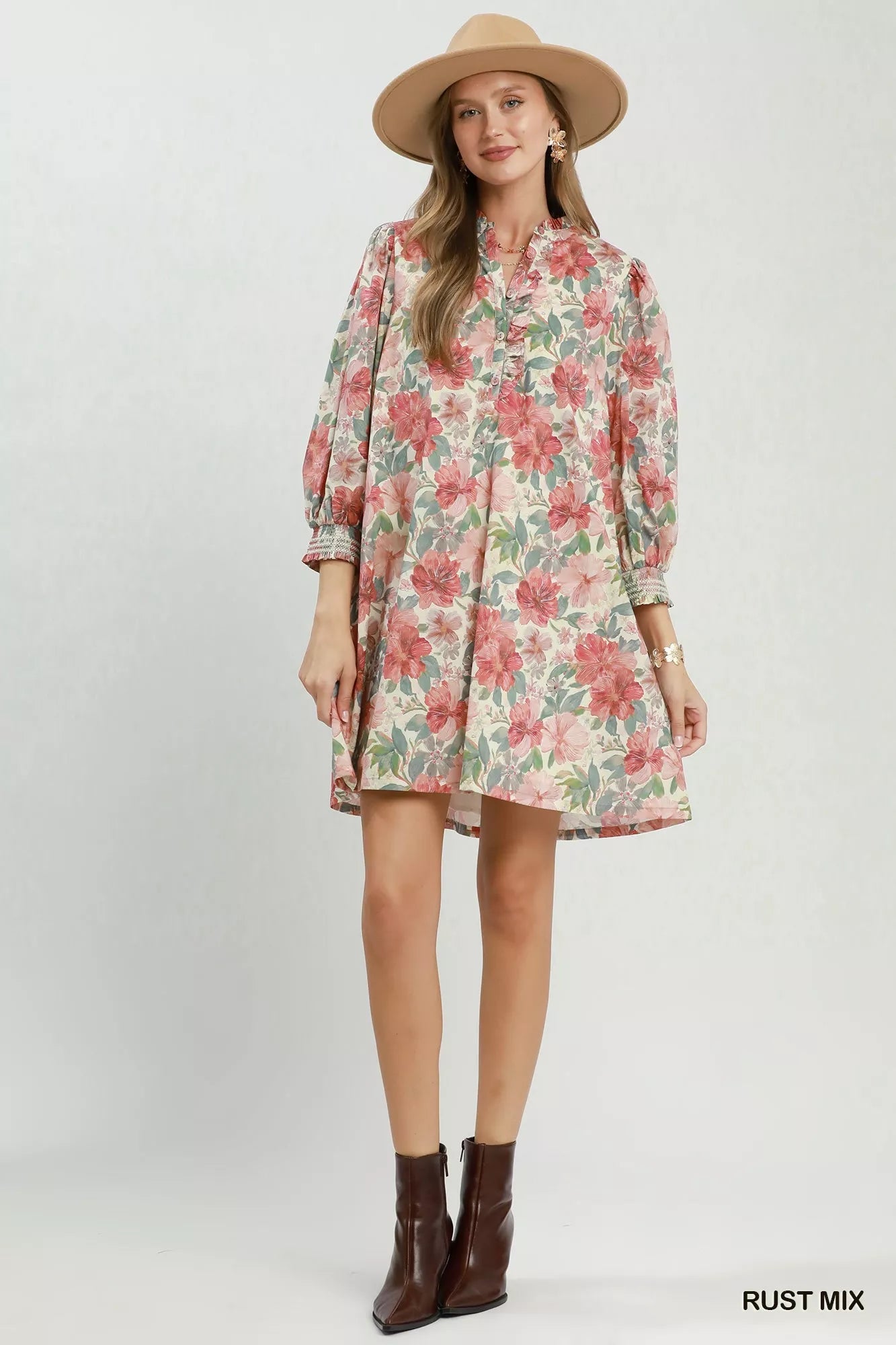 Umgee Mix Floral Print Smocked Cuff Mini Dress - Bitsy Gypsy Boutique