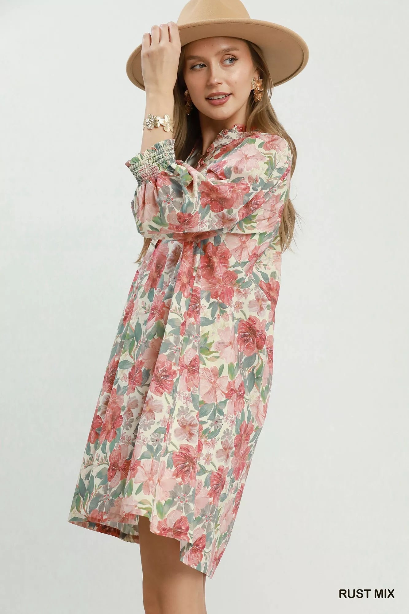 Umgee Mix Floral Print Smocked Cuff Mini Dress - Bitsy Gypsy Boutique