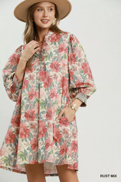 Umgee Mix Floral Print Smocked Cuff Mini Dress - Bitsy Gypsy Boutique