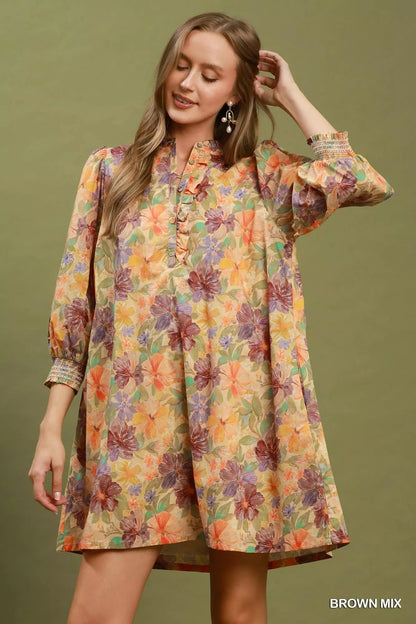 Umgee Mix Floral Print Smocked Cuff Mini Dress - Bitsy Gypsy Boutique