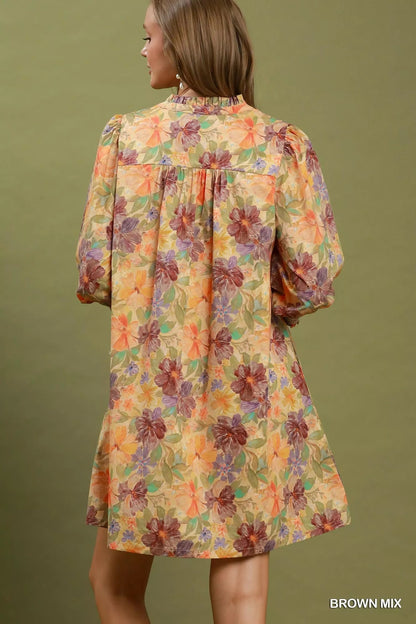 Umgee Mix Floral Print Smocked Cuff Mini Dress - Bitsy Gypsy Boutique