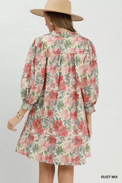 Umgee Mix Floral Print Smocked Cuff Mini Dress - Bitsy Gypsy Boutique