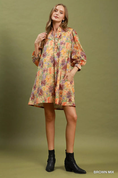 Umgee Mix Floral Print Smocked Cuff Mini Dress - Bitsy Gypsy Boutique