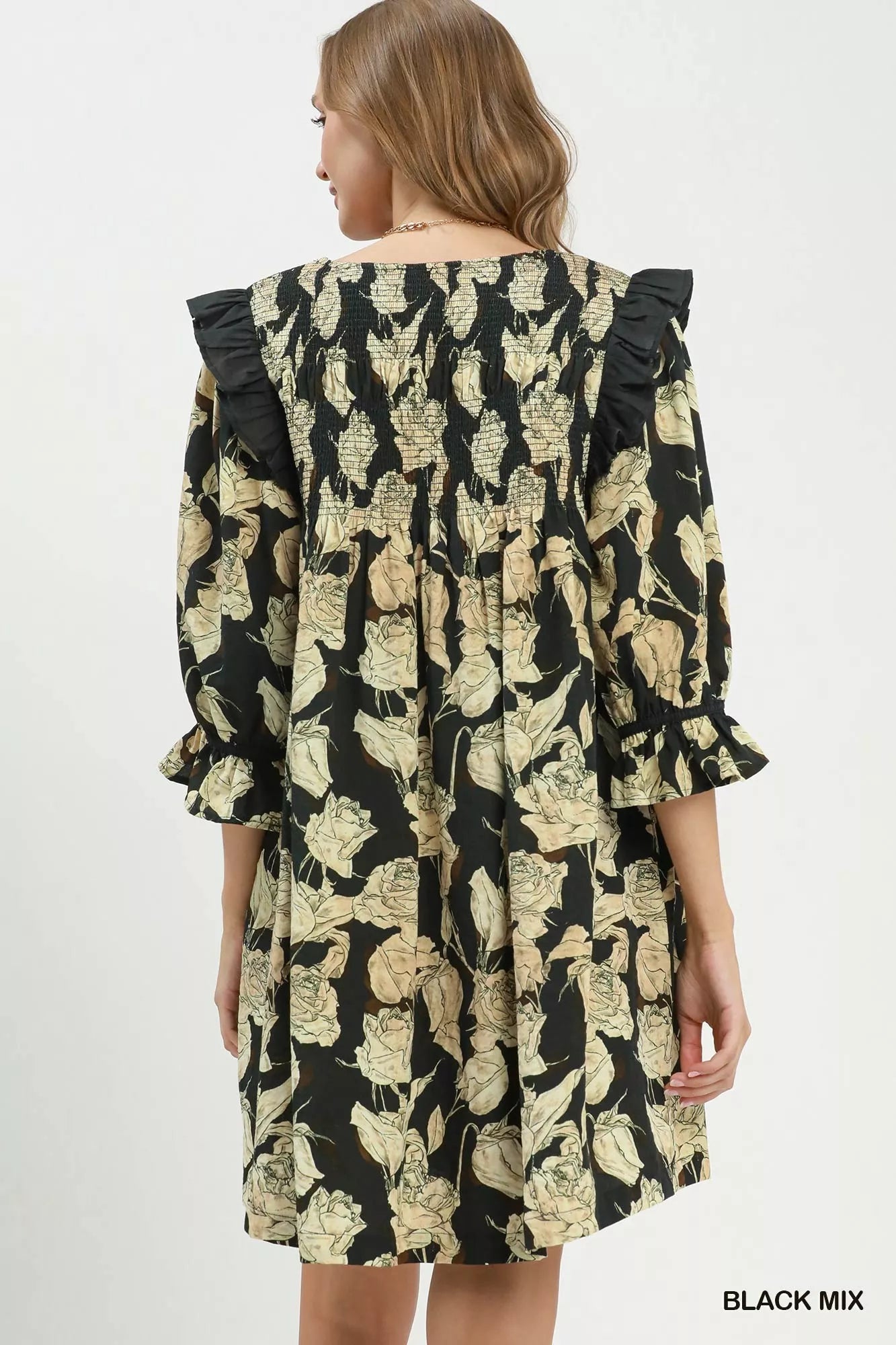 Umgee Mix Floral Print Smocked Ruffle Detail Flowy Dress - Bitsy Gypsy Boutique