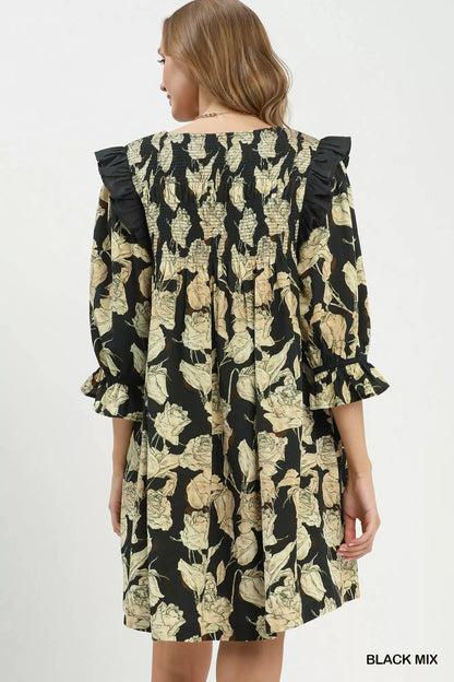 Umgee Mix Floral Print Smocked Ruffle Detail Flowy Dress - Bitsy Gypsy Boutique