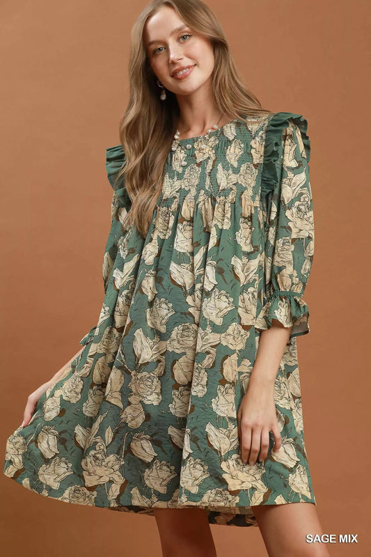 Umgee Mix Floral Print Smocked Ruffle Detail Flowy Dress - Bitsy Gypsy Boutique