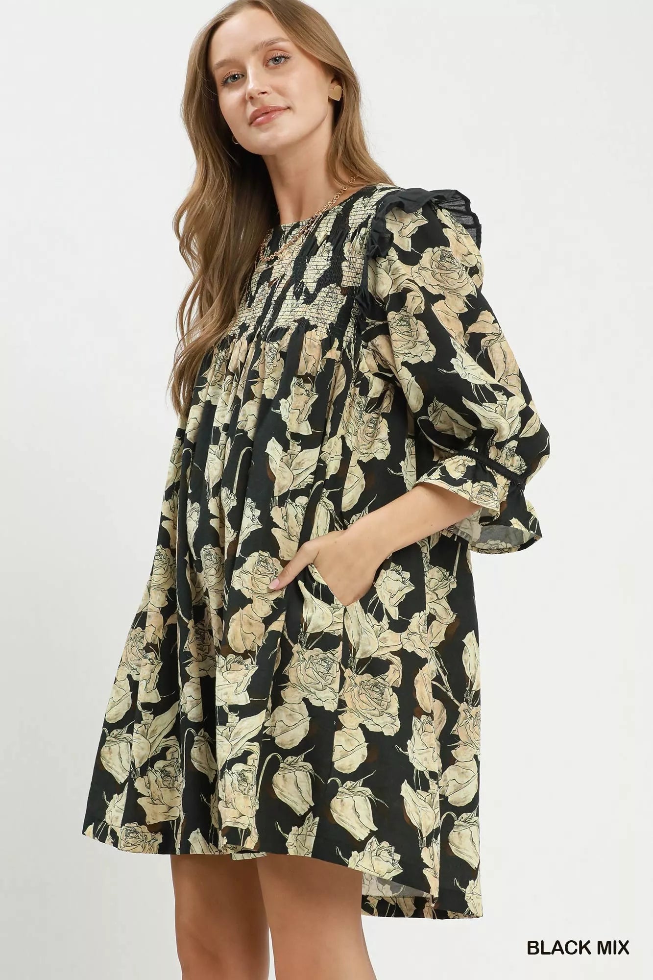 Umgee Mix Floral Print Smocked Ruffle Detail Flowy Dress - Bitsy Gypsy Boutique