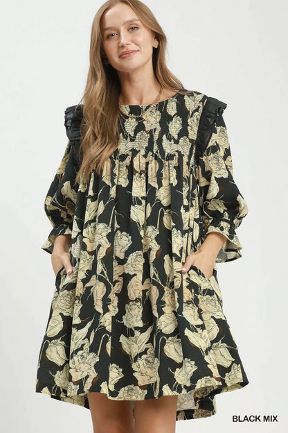 Umgee Mix Floral Print Smocked Ruffle Detail Flowy Dress - Bitsy Gypsy Boutique