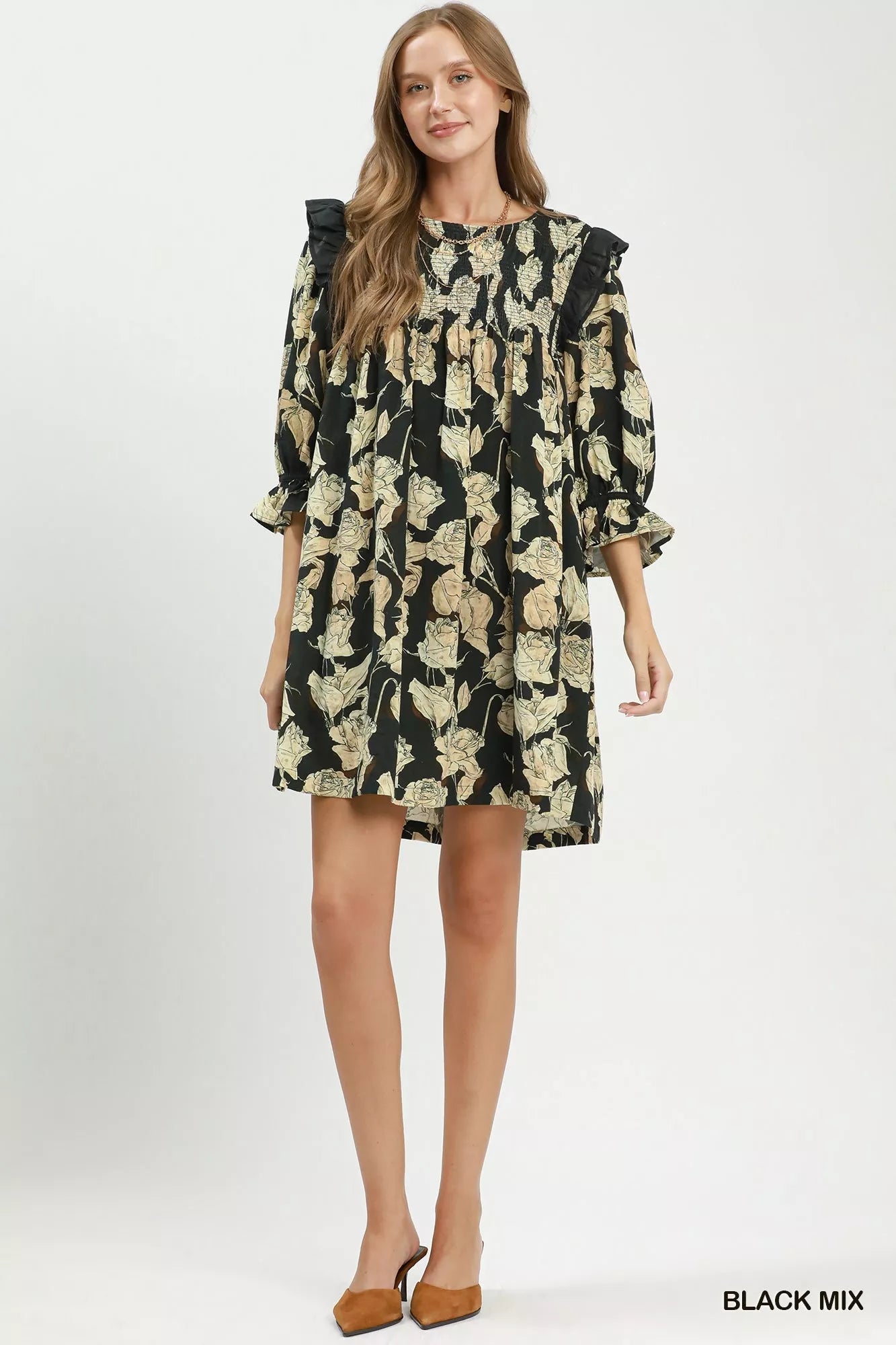 Umgee Mix Floral Print Smocked Ruffle Detail Flowy Dress - Bitsy Gypsy Boutique