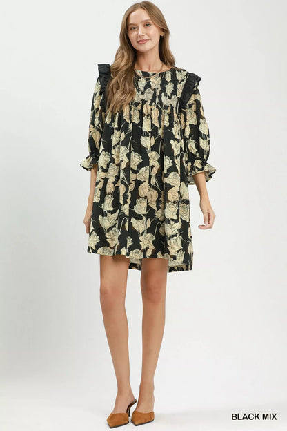 Umgee Mix Floral Print Smocked Ruffle Detail Flowy Dress - Bitsy Gypsy Boutique