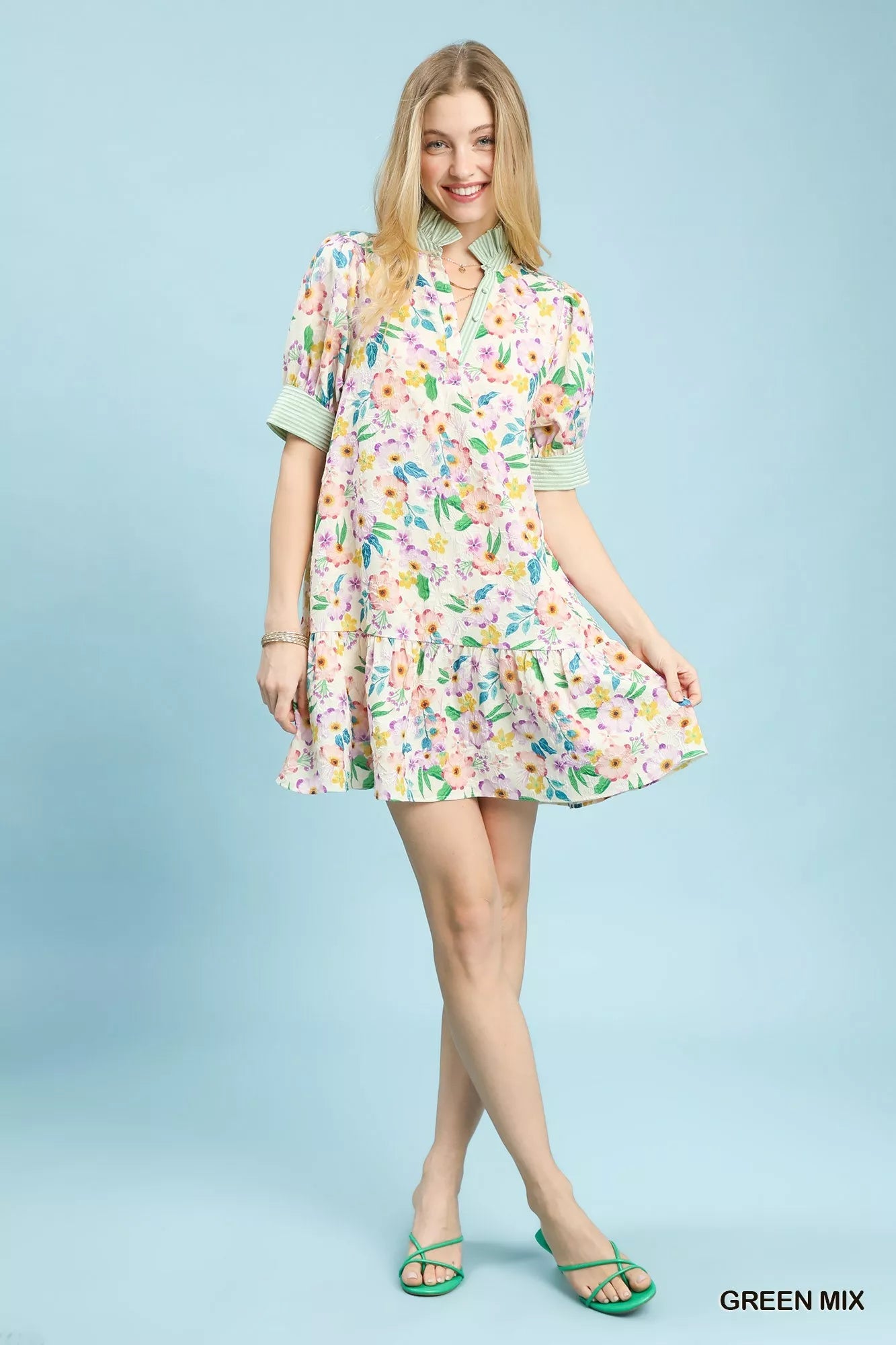 Umgee Mix Floral Ruffle Collar Tiered Babydoll Dress - Bitsy Gypsy Boutique