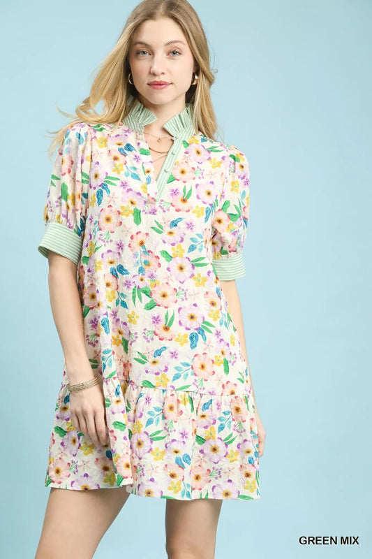 Umgee Mix Floral Ruffle Collar Tiered Babydoll Dress - Bitsy Gypsy Boutique