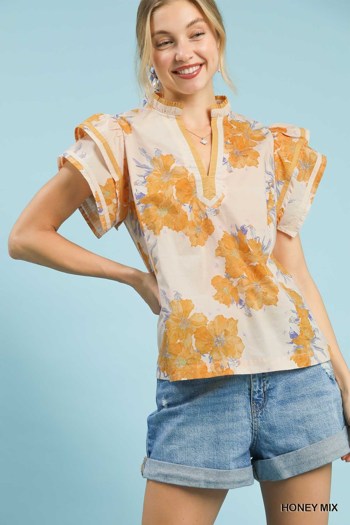 Umgee Mix Floral Ruffle Sleeve Blouse - Bitsy Gypsy Boutique