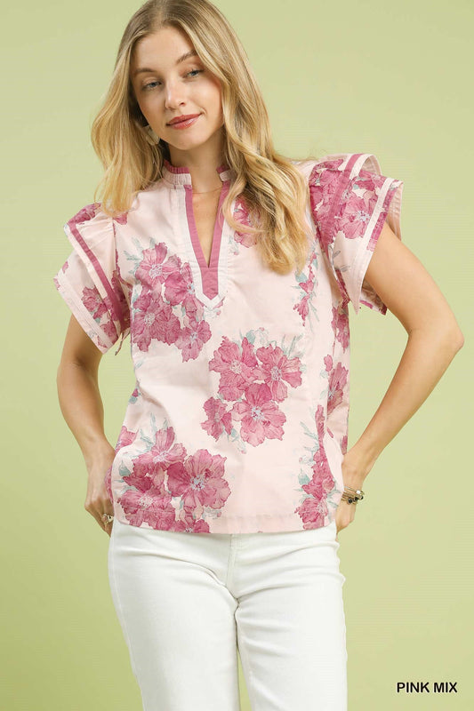 Umgee Mix Floral Ruffle Sleeve Blouse - Bitsy Gypsy Boutique