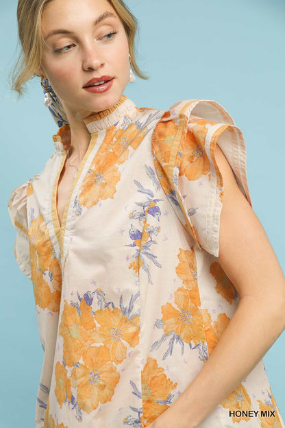 Umgee Mix Floral Ruffle Sleeve Blouse - Bitsy Gypsy Boutique