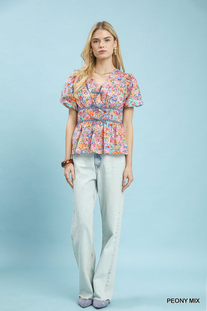 Umgee Mix Floral Smocked Waist Blouse - Bitsy Gypsy Boutique