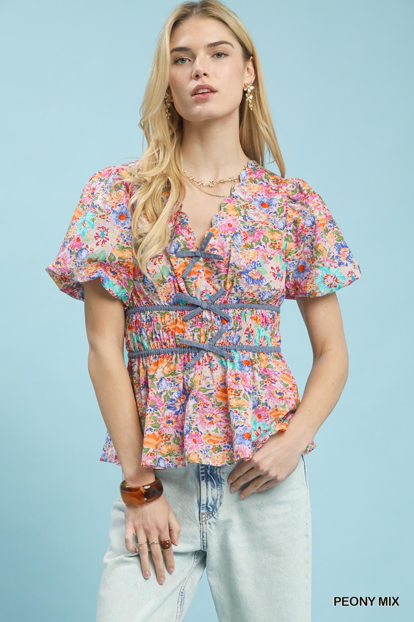Umgee Mix Floral Smocked Waist Blouse - Bitsy Gypsy Boutique