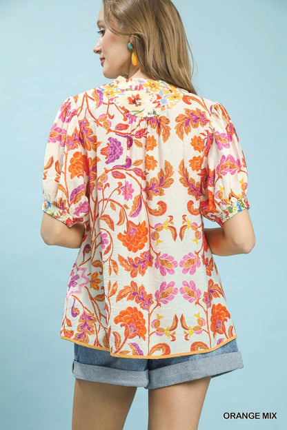 Umgee Mix Floral Split - Neck Short Sleeve Top - Bitsy Gypsy Boutique