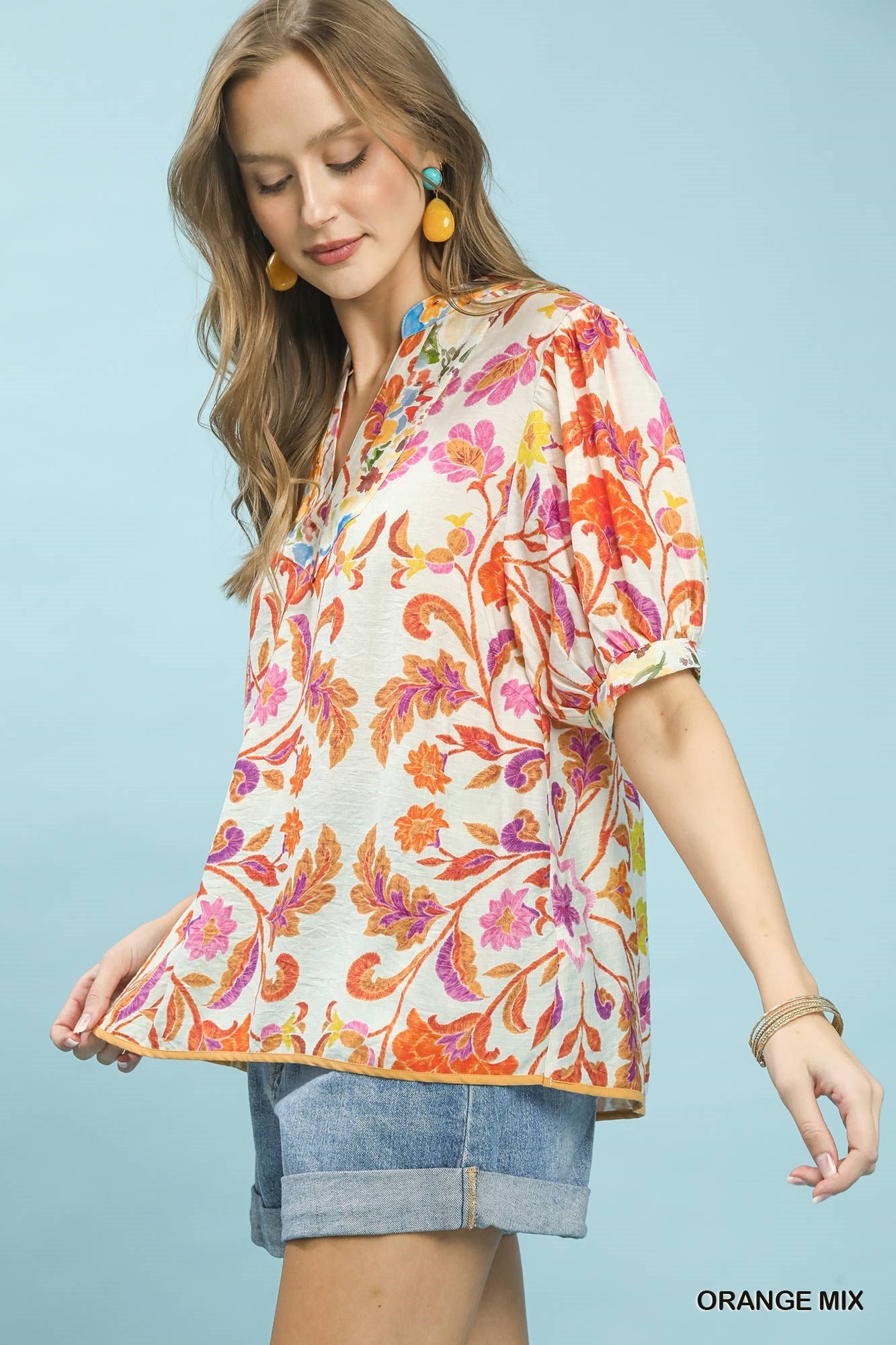 Umgee Mix Floral Split - Neck Short Sleeve Top - Bitsy Gypsy Boutique