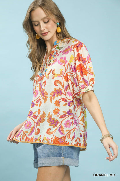 Umgee Mix Floral Split - Neck Short Sleeve Top - Bitsy Gypsy Boutique