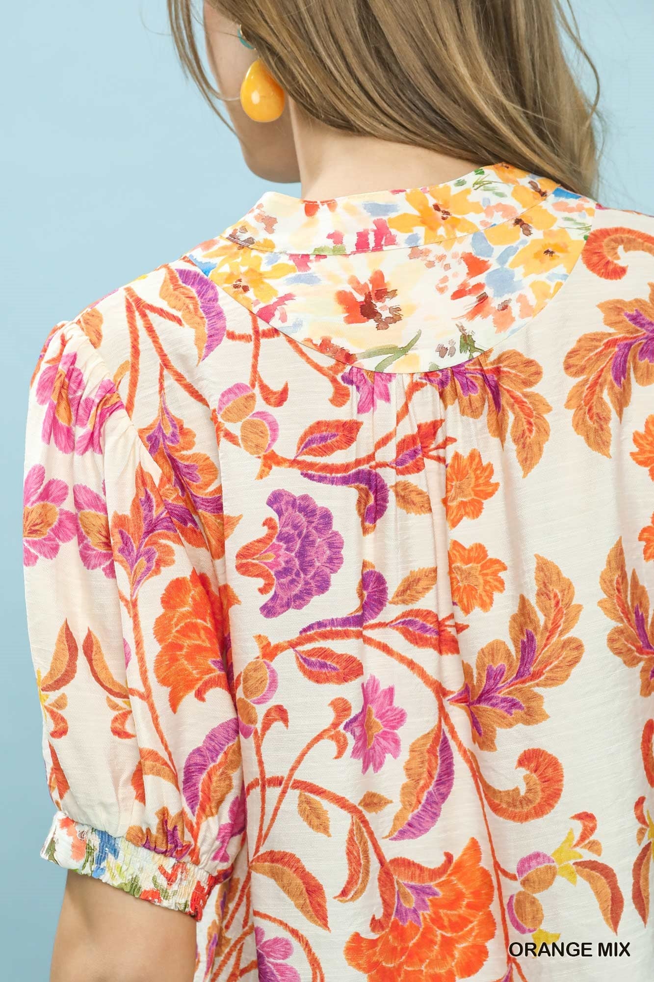 Umgee Mix Floral Split - Neck Short Sleeve Top - Bitsy Gypsy Boutique