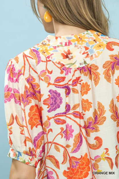 Umgee Mix Floral Split - Neck Short Sleeve Top - Bitsy Gypsy Boutique