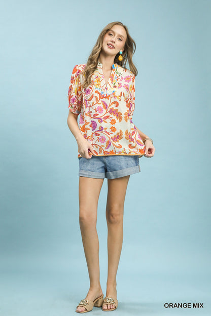 Umgee Mix Floral Split - Neck Short Sleeve Top - Bitsy Gypsy Boutique
