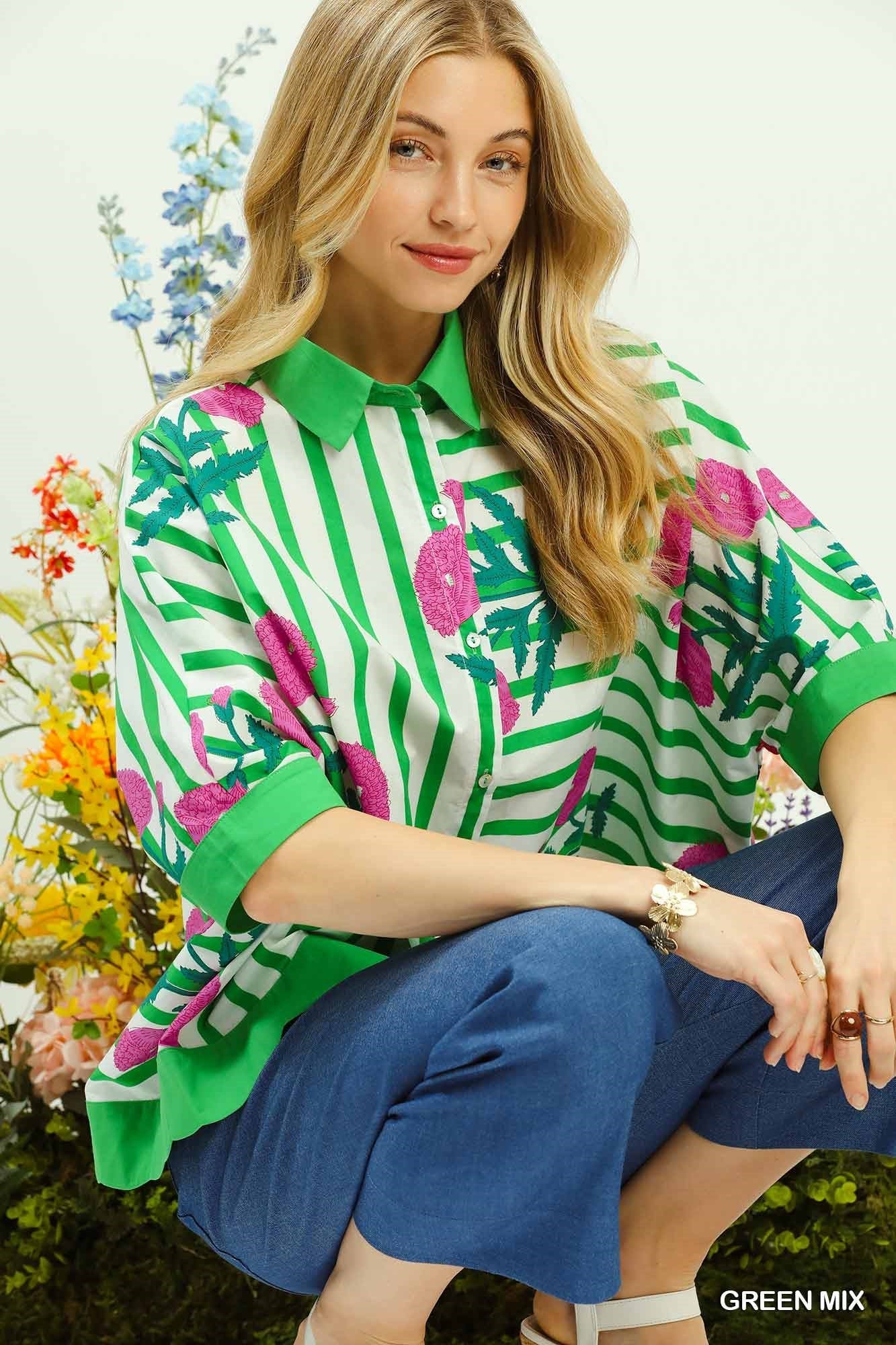 Umgee Mix Floral Stripe Button Down Top - Bitsy Gypsy Boutique