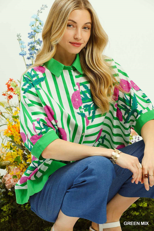 Umgee Mix Floral Stripe Button Down Top - Bitsy Gypsy Boutique