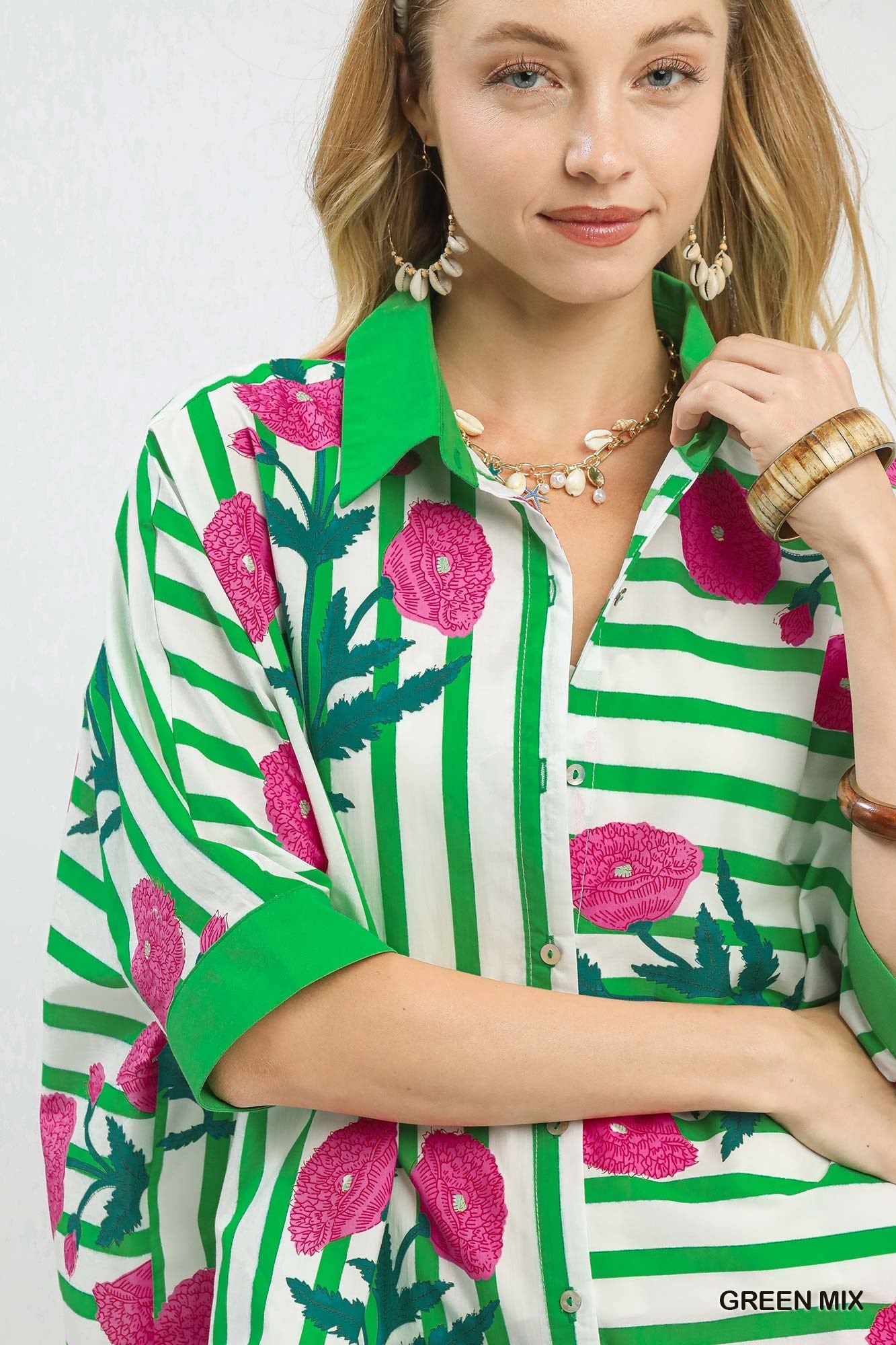 Umgee Mix Floral Stripe Button Down Top - Bitsy Gypsy Boutique