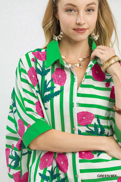 Umgee Mix Floral Stripe Button Down Top - Bitsy Gypsy Boutique