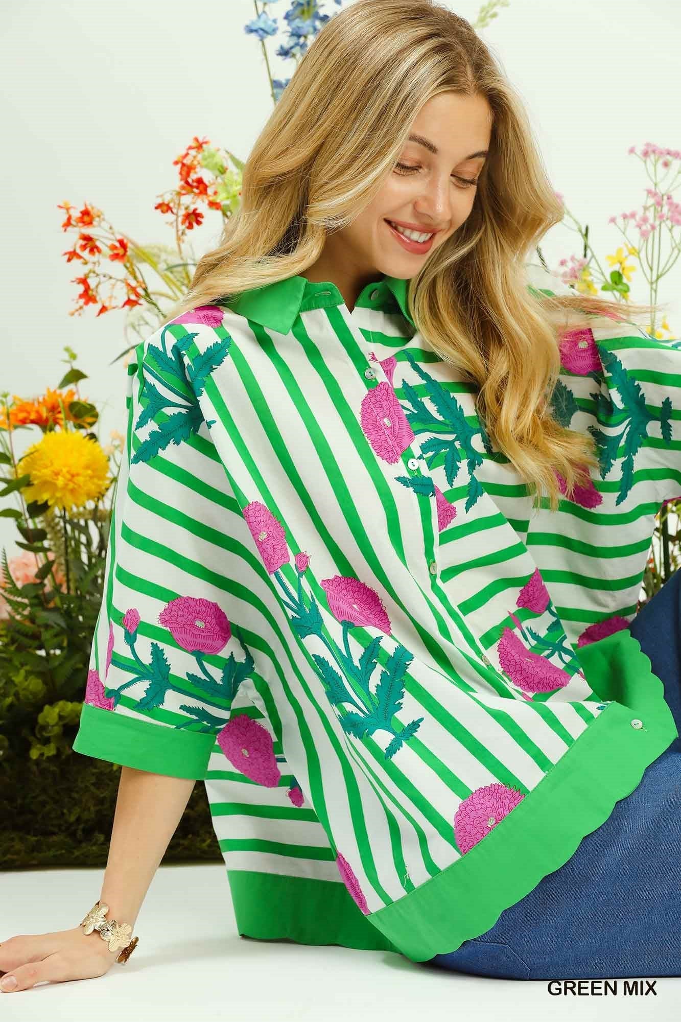 Umgee Mix Floral Stripe Button Down Top - Bitsy Gypsy Boutique