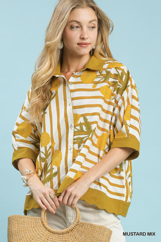 Umgee Mix Floral Stripe Button Down Top - Bitsy Gypsy Boutique