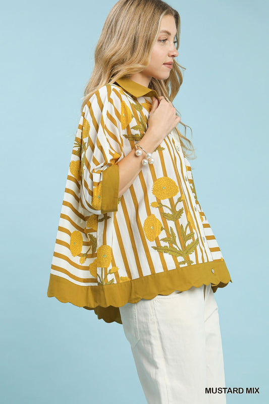 Umgee Mix Floral Stripe Button Down Top - Bitsy Gypsy Boutique