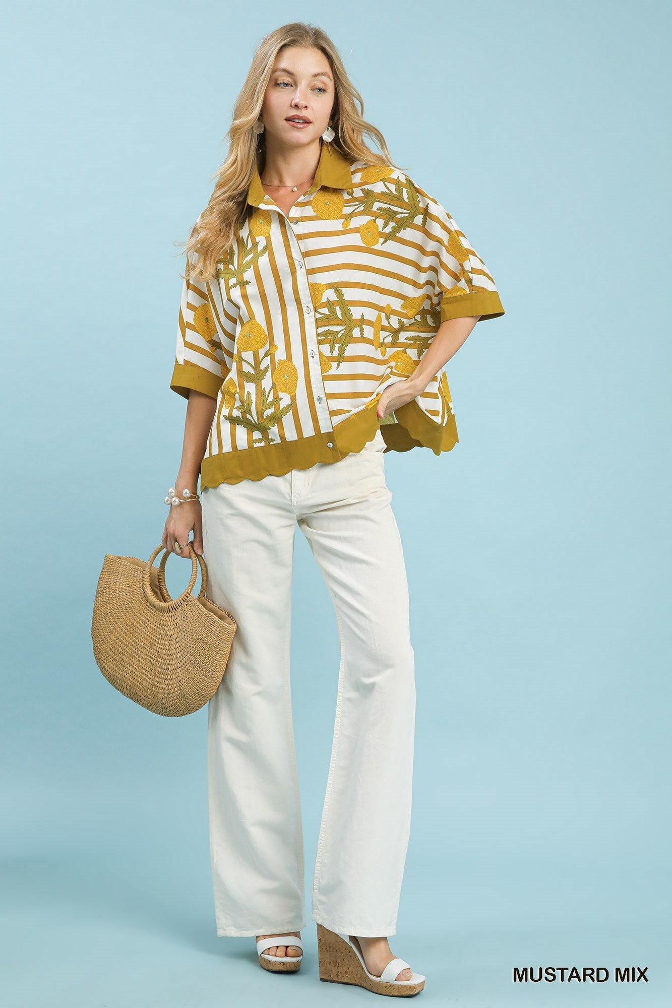 Umgee Mix Floral Stripe Button Down Top - Bitsy Gypsy Boutique