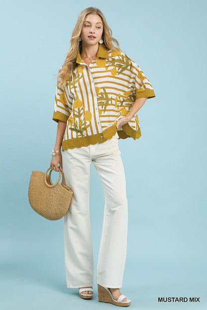 Umgee Mix Floral Stripe Button Down Top - Bitsy Gypsy Boutique