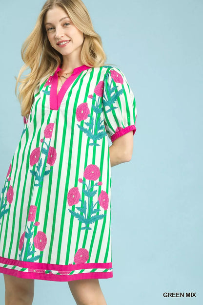 Umgee Mix Floral Stripe Contrast Dress - Bitsy Gypsy Boutique
