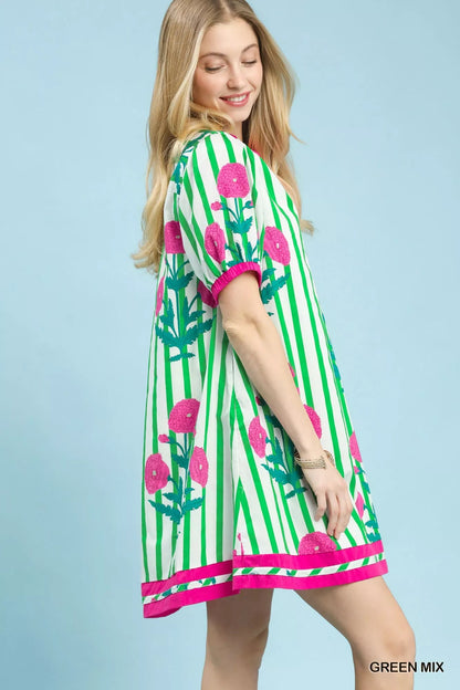 Umgee Mix Floral Stripe Contrast Dress - Bitsy Gypsy Boutique