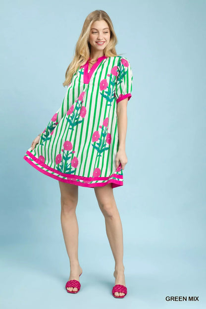 Umgee Mix Floral Stripe Contrast Dress - Bitsy Gypsy Boutique