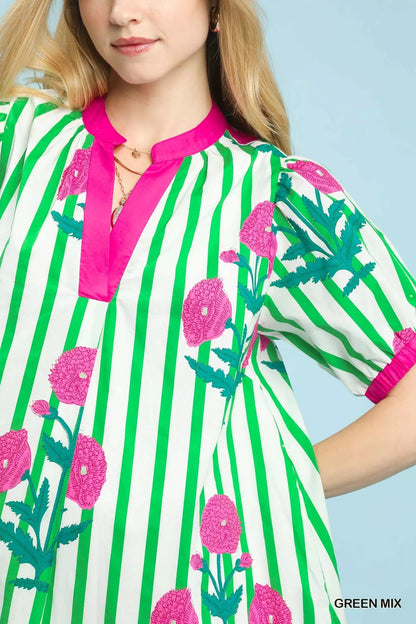 Umgee Mix Floral Stripe Contrast Dress - Bitsy Gypsy Boutique