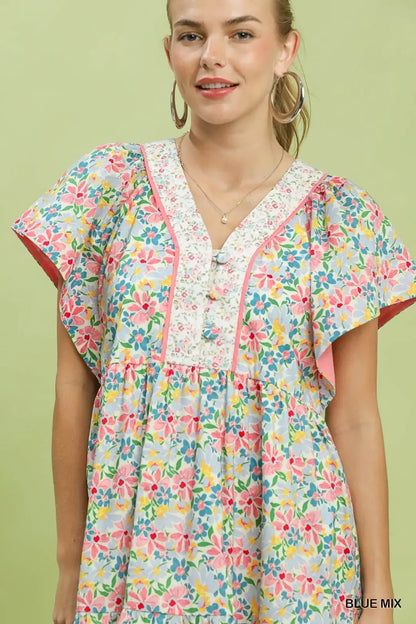 Umgee Mix Floral Tiered Mini Dress with Side Pockets - Bitsy Gypsy Boutique