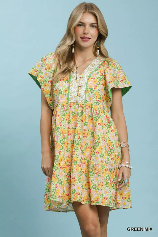 Umgee Mix Floral Tiered Mini Dress with Side Pockets - Bitsy Gypsy Boutique