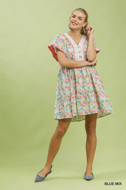 Umgee Mix Floral Tiered Mini Dress with Side Pockets - Bitsy Gypsy Boutique