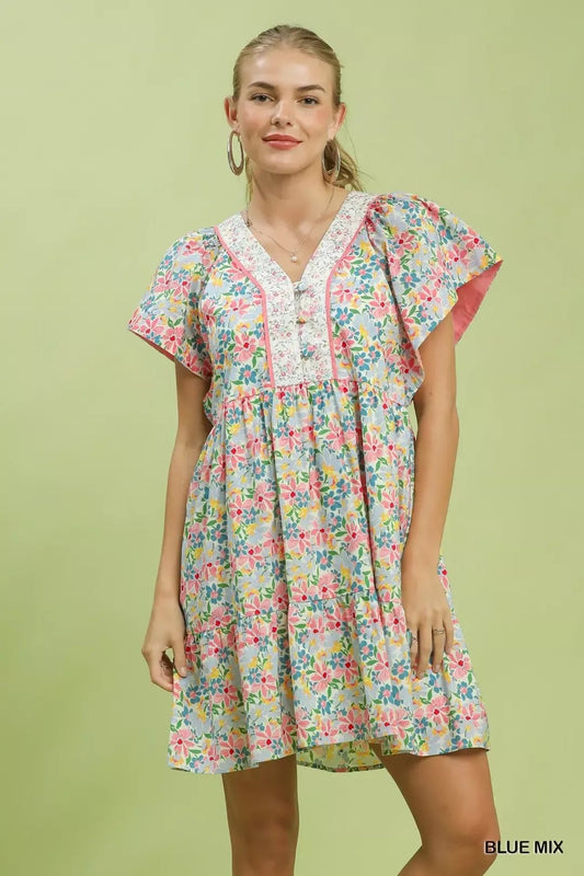 Umgee Mix Floral Tiered Mini Dress with Side Pockets - Bitsy Gypsy Boutique