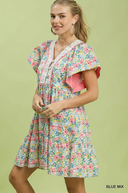 Umgee Mix Floral Tiered Mini Dress with Side Pockets - Bitsy Gypsy Boutique