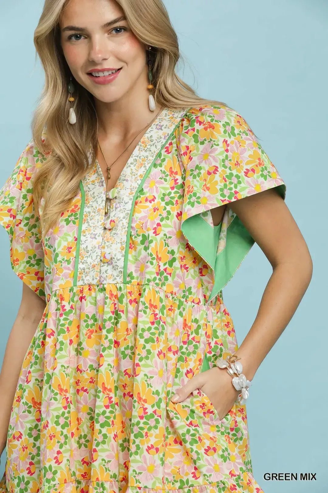 Umgee Mix Floral Tiered Mini Dress with Side Pockets - Bitsy Gypsy Boutique