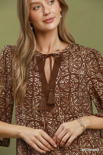 Umgee Mix Geometric Print V-Neck Tassel Detail Tunic Dress - Bitsy Gypsy Boutique