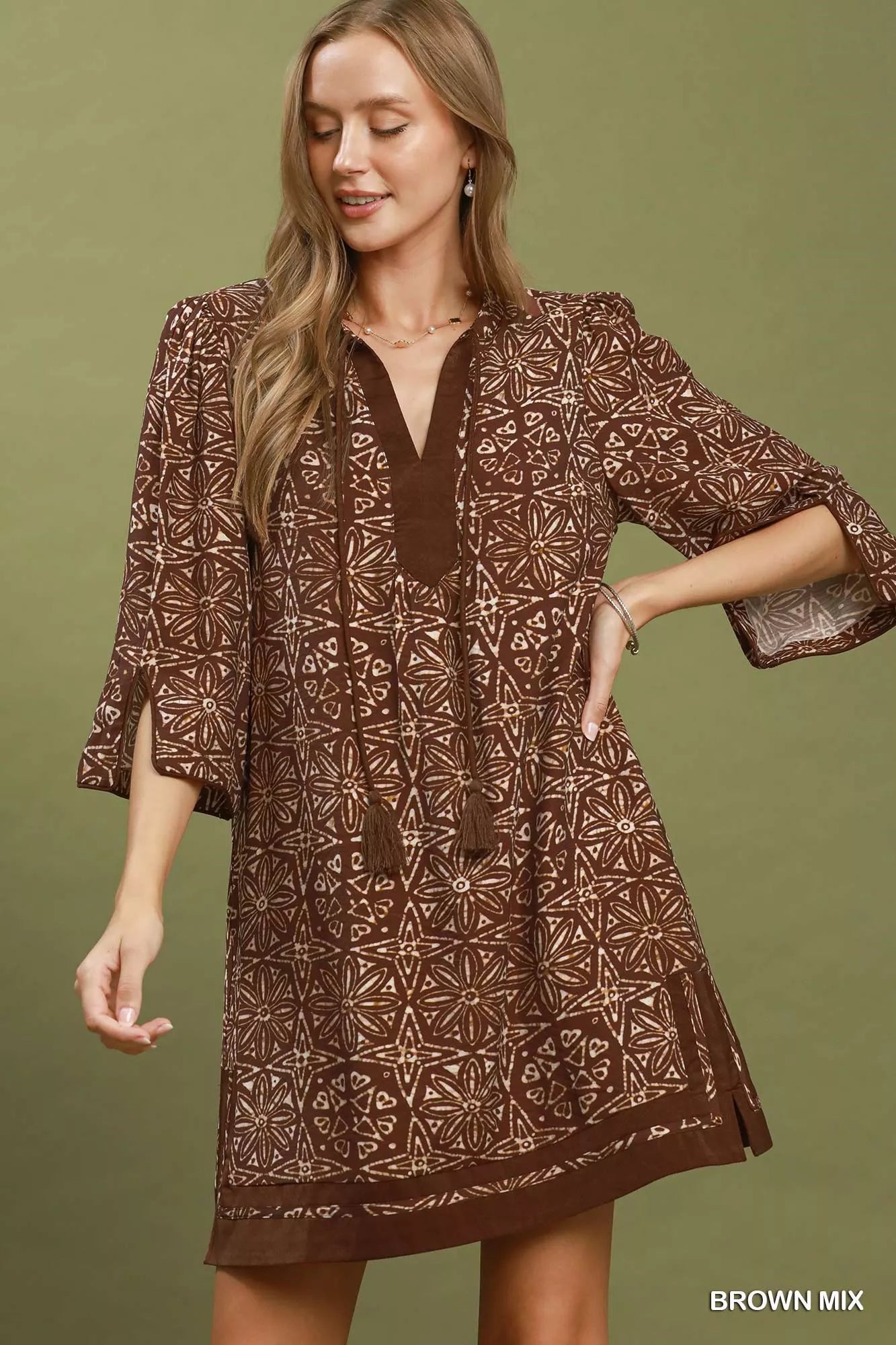 Umgee Mix Geometric Print V-Neck Tassel Detail Tunic Dress - Bitsy Gypsy Boutique