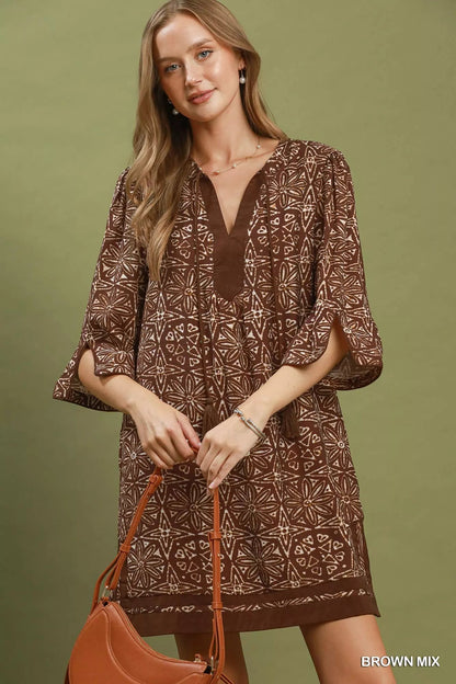 Umgee Mix Geometric Print V-Neck Tassel Detail Tunic Dress - Bitsy Gypsy Boutique